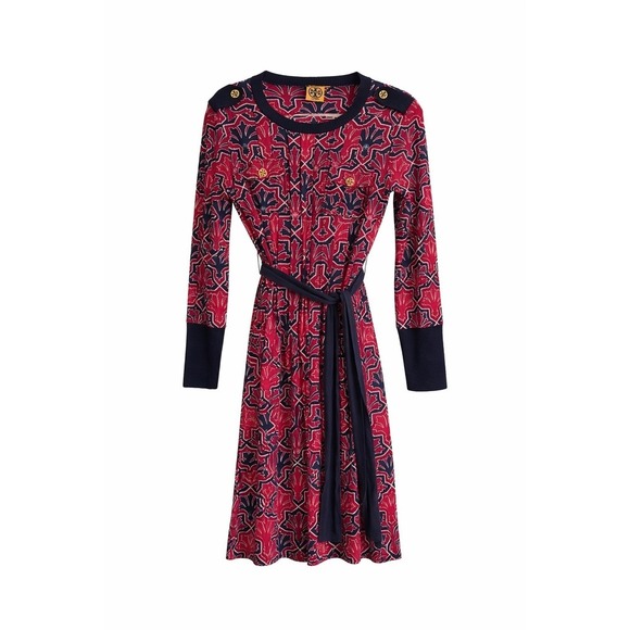 Tory Burch Dresses & Skirts - Tory Burch Truman Silk Blend Dress Small Magenta Navy Geometric Belted